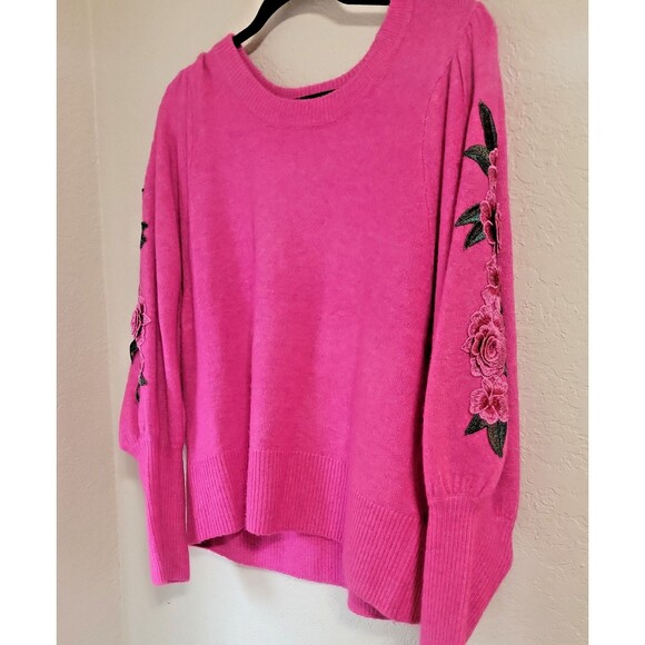 "CeCe" Sz.L Vibrant Pink Sweater 3D Rose Embroidery Barbiecore Cottagecore - Picture 4 of 6